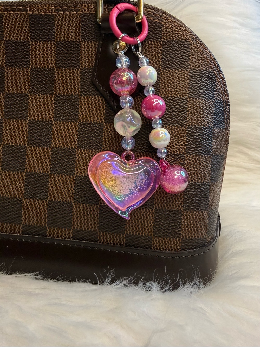 Pink Iridescent Heart  Bag Charm Keychain Keyring